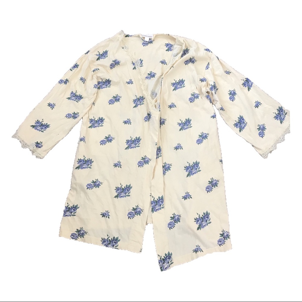Vintage Victoria’s Secret Floral Rose Cream & Blue Boho Retro Preppy Sleep Robe